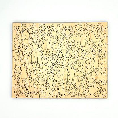 Back view of the Downtown Ice Skating wooden puzzle pieces showing the laser cut shapes.