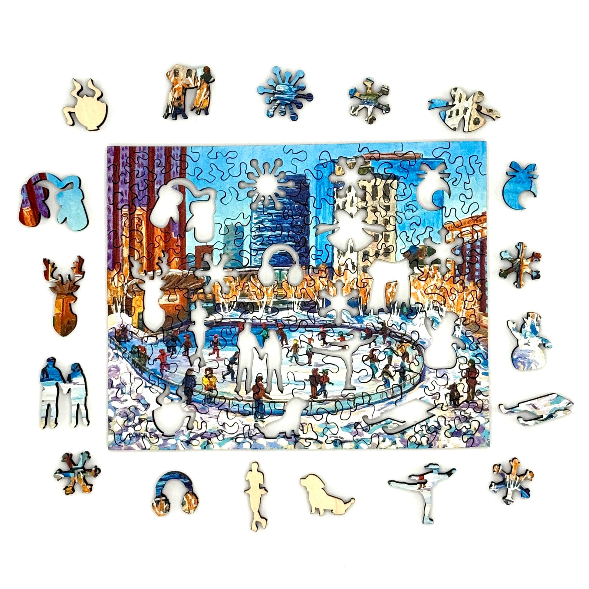 Downtown Ice Skating winter scene puzzle displayed with wooden whimsy pieces arranged around the image.