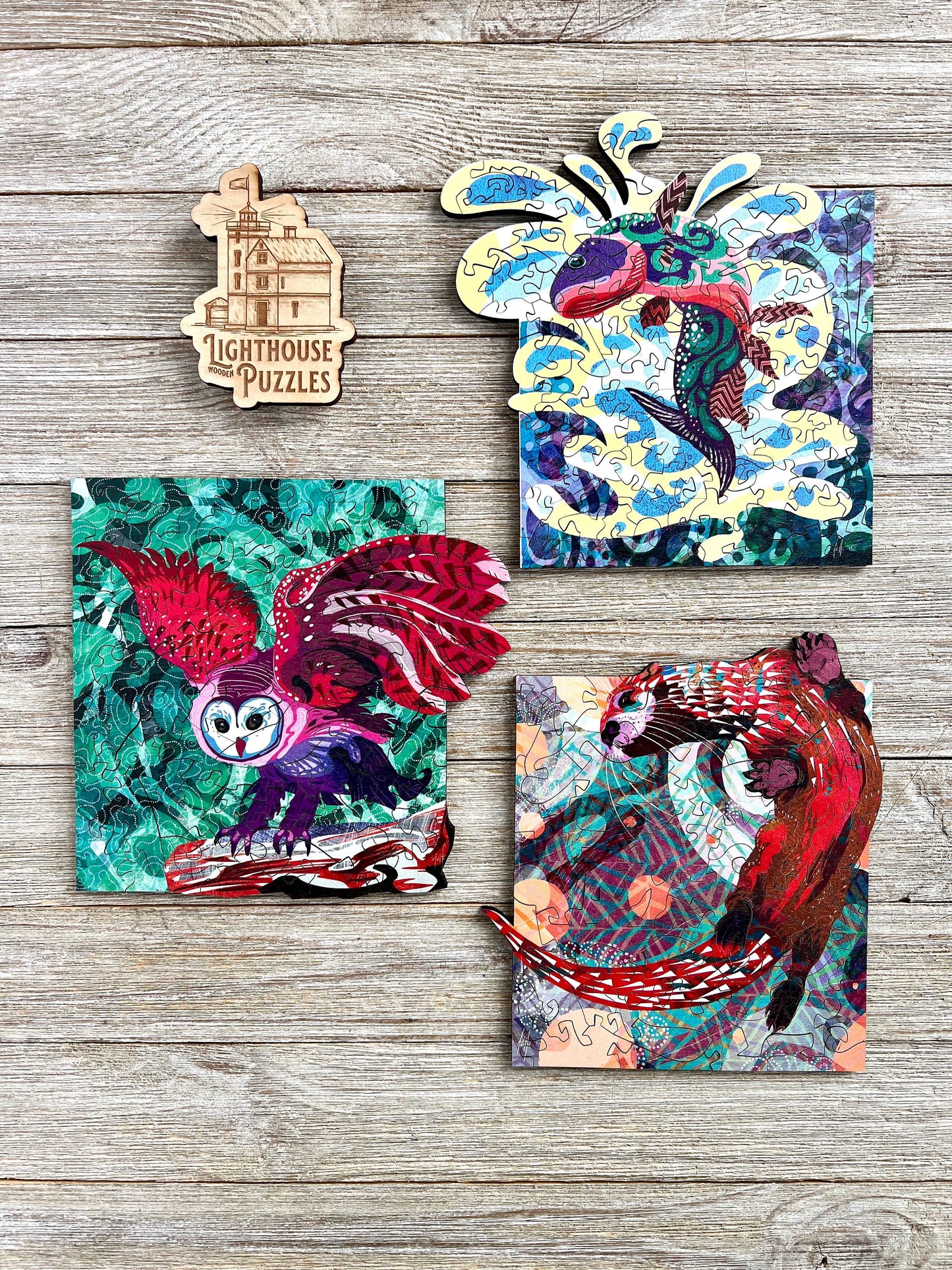 Trio of 3 Mini Wooden Jigsaw Puzzles with Whimsical Pieces