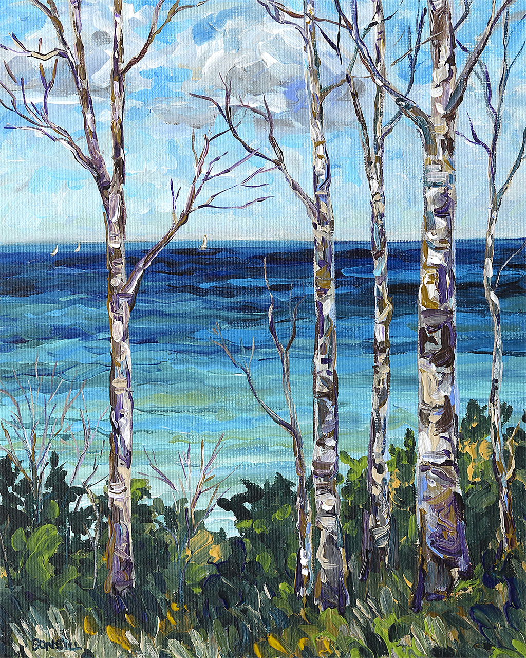 Painting of tall bare birch trees overlooking the blue waters of Lake Michigan, the artwork used for the Michigan Birch birch tree puzzle.